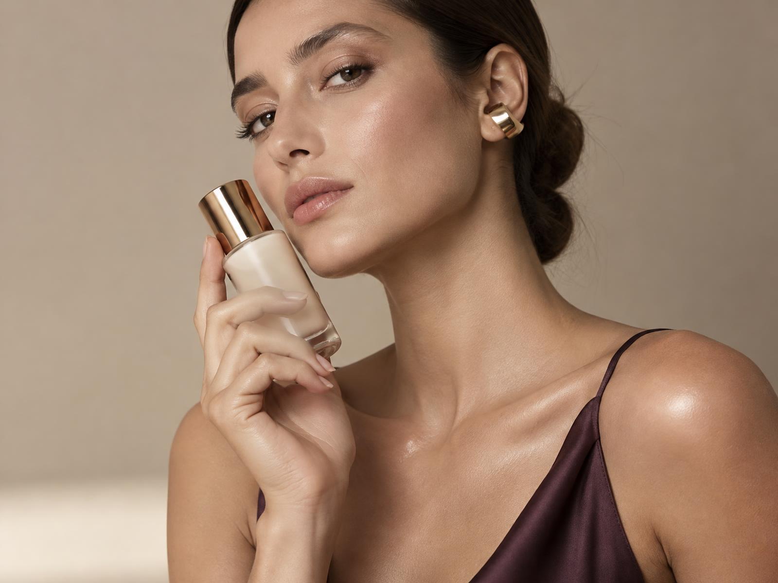 Woman in a plum silk top holding a prestige skincare bottle